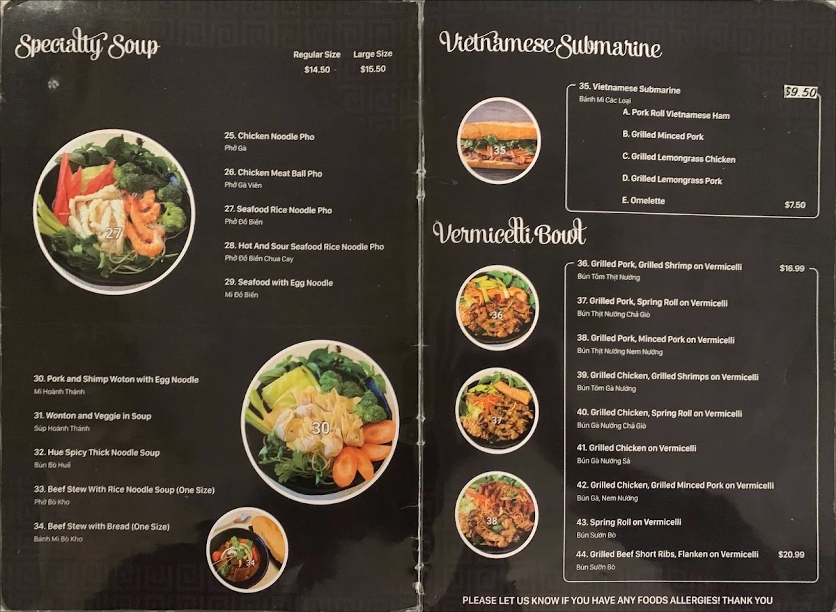 Menu, Phở Hồng Vietnamese Restaurant