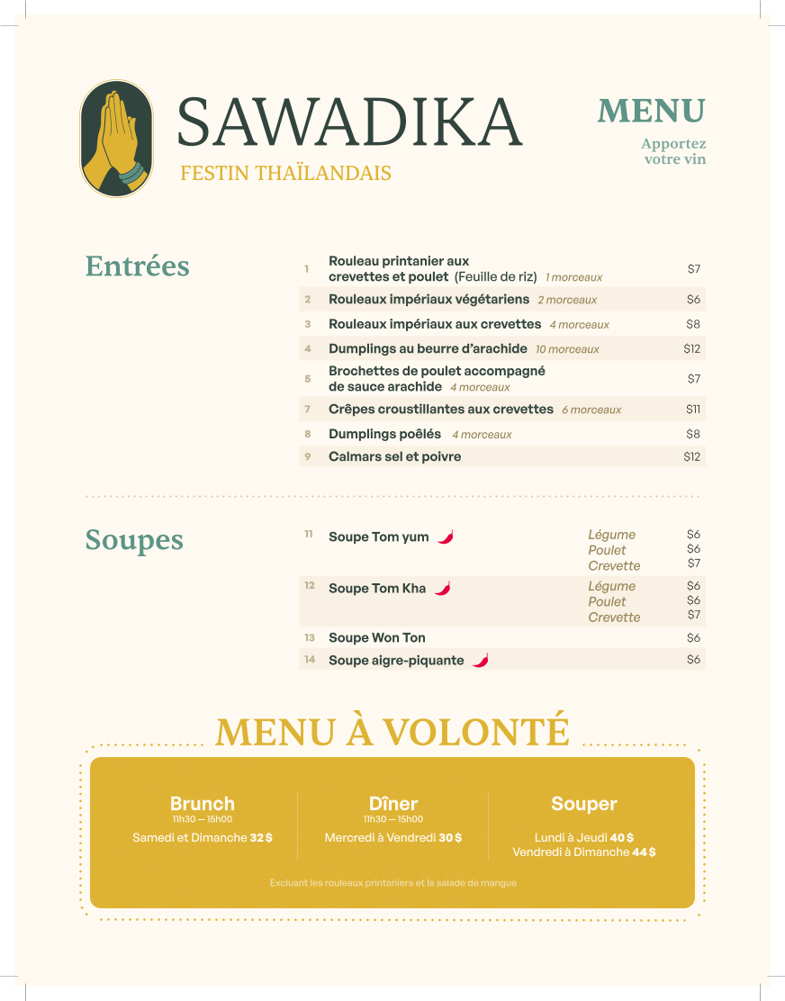 Menu, Sawadika Saint-Hubert