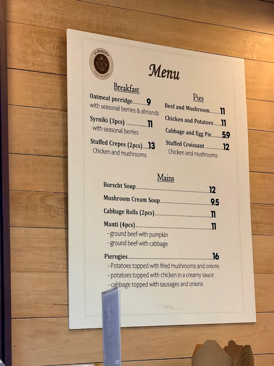 Menu, U-Bakery