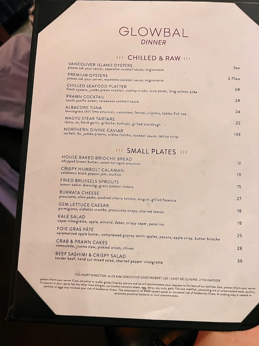 Menu, Glowbal