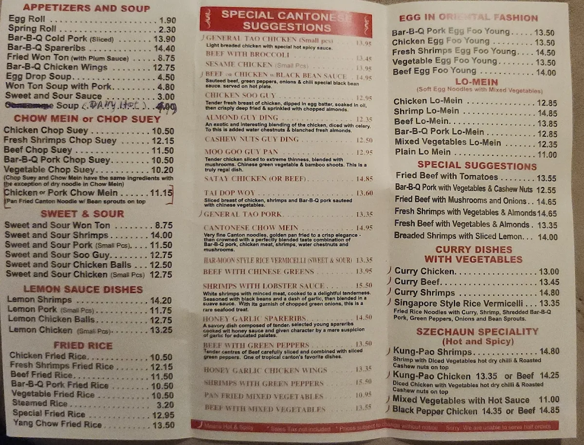 Menu, Golden Star Restaurant