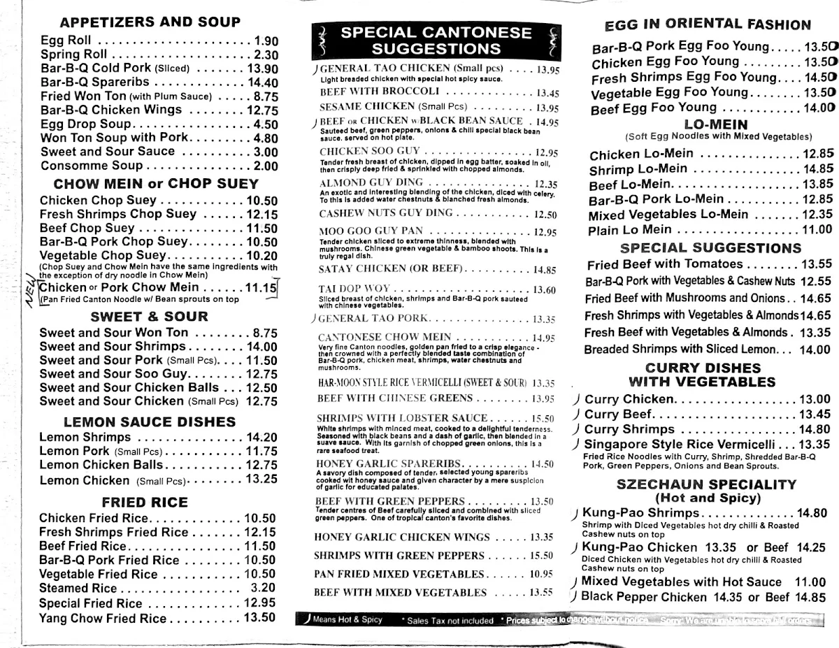 Menu, Golden Star Restaurant
