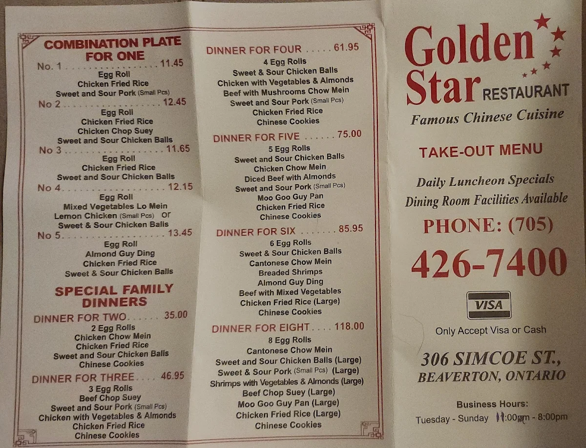 Menu, Golden Star Restaurant