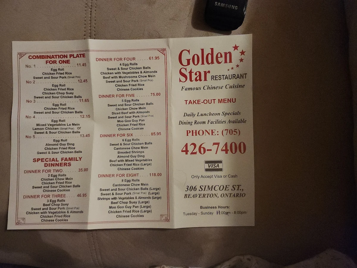 Menu, Golden Star Restaurant