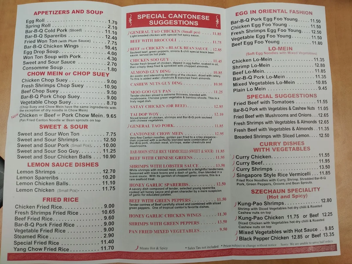 Menu, Golden Star Restaurant