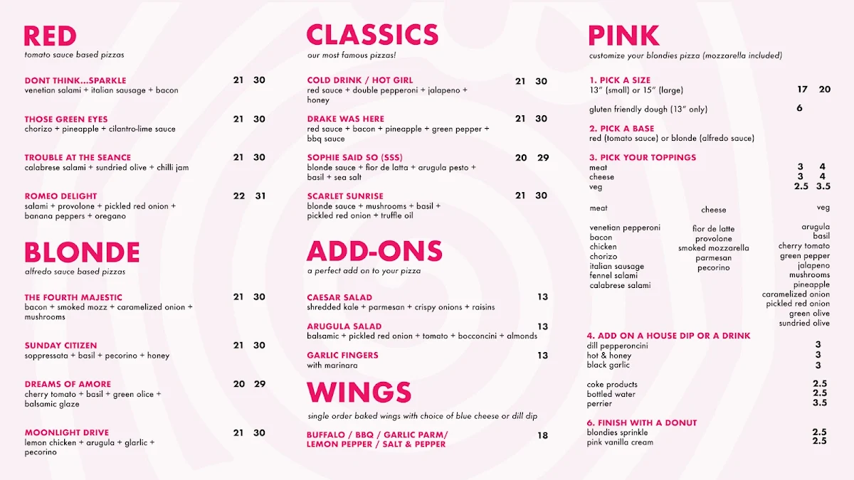 Menu, Blondies Pizza