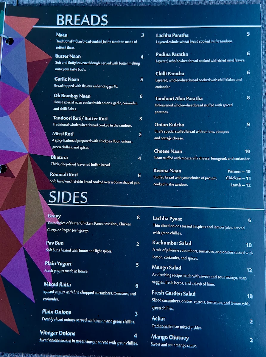 Menu, Oh Bombay - Brampton