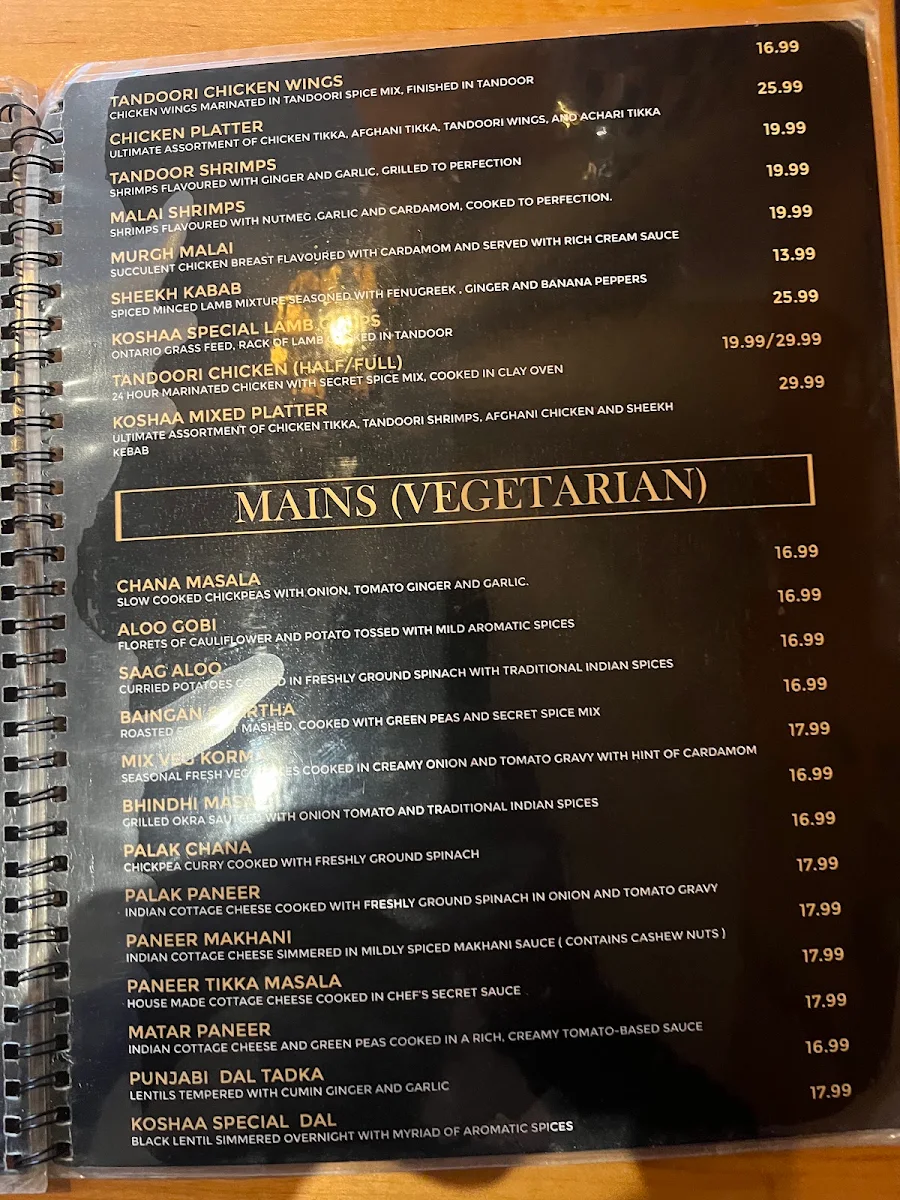 Menu, Koshaa Fine Indian Cuisine