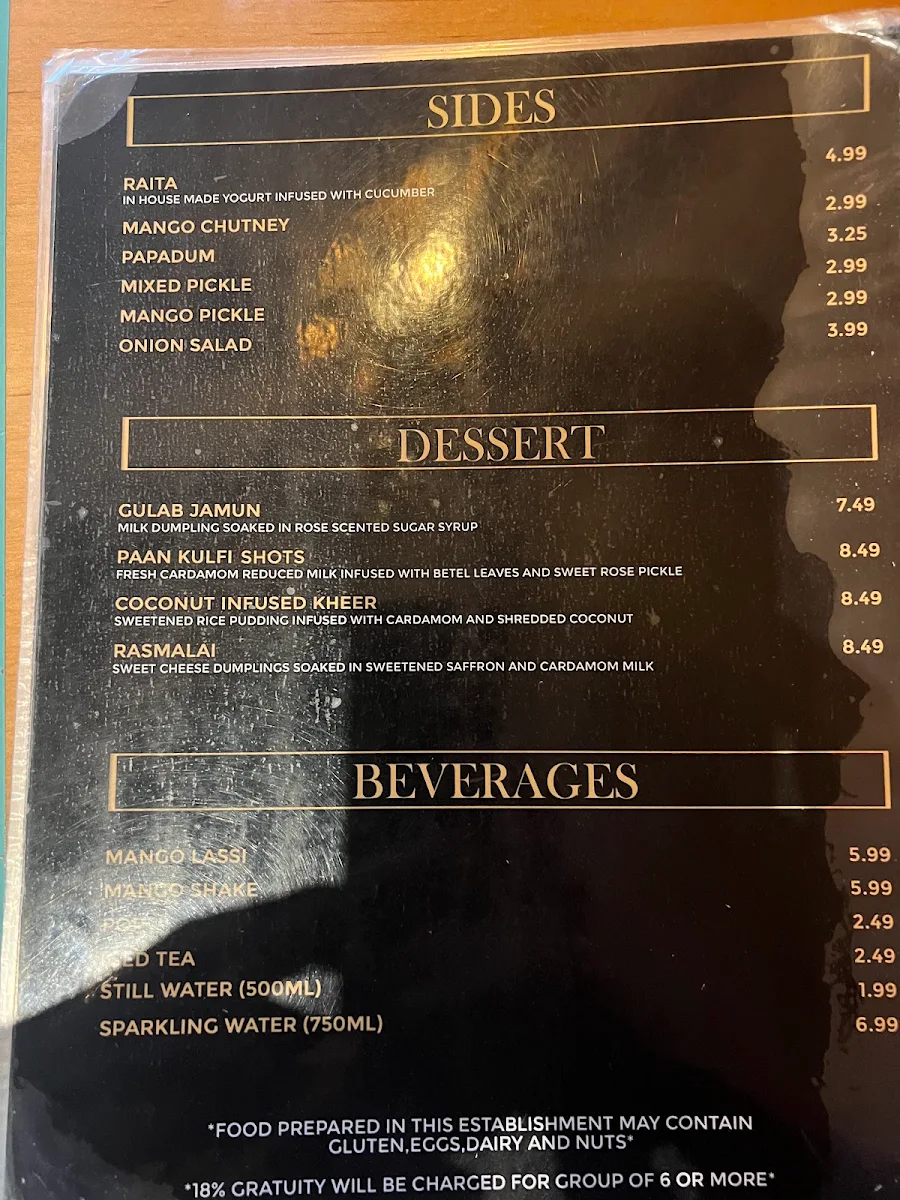 Menu, Koshaa Fine Indian Cuisine