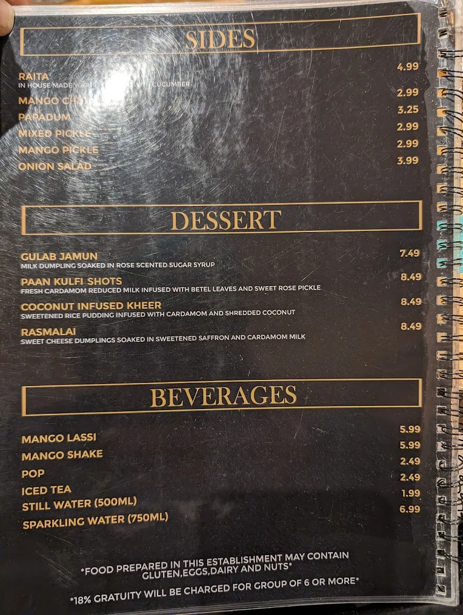 Menu, Koshaa Fine Indian Cuisine