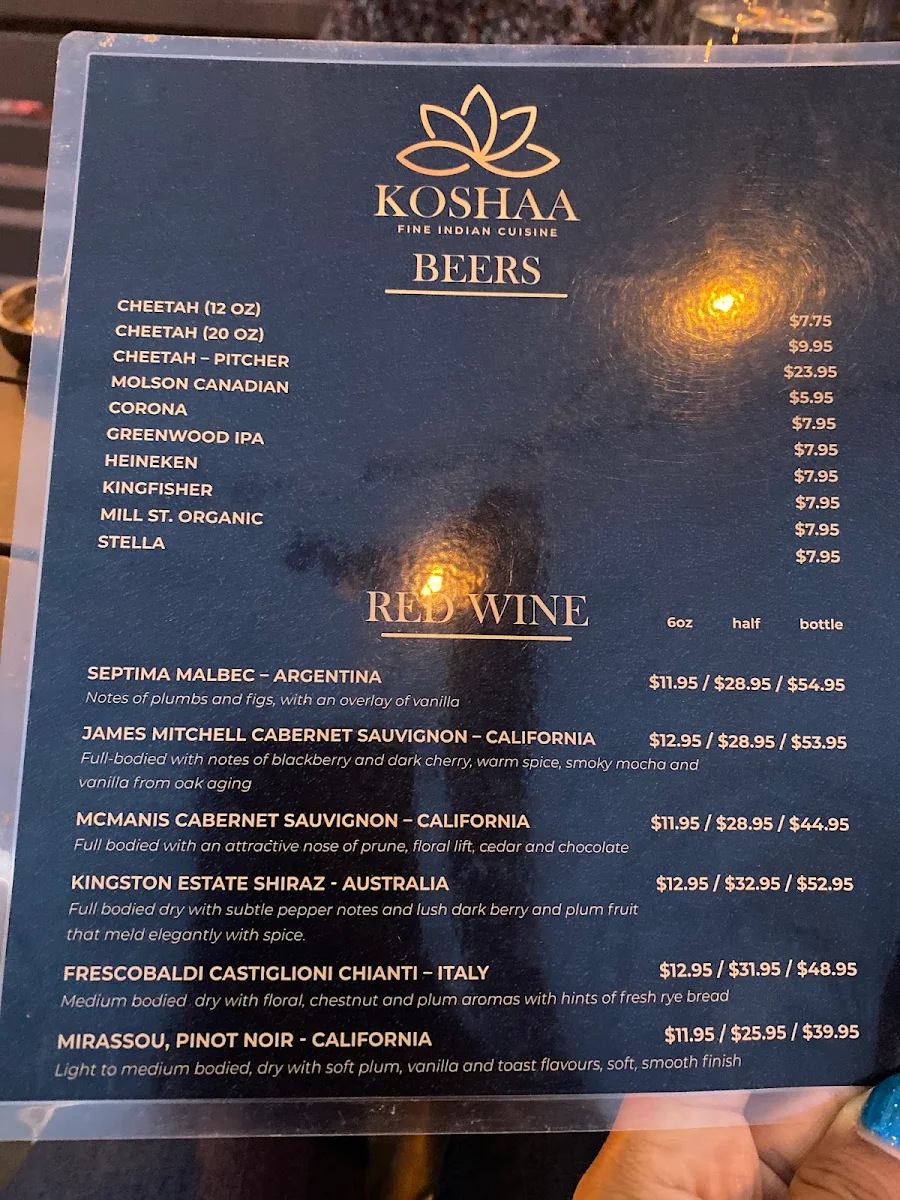 Menu, Koshaa Fine Indian Cuisine