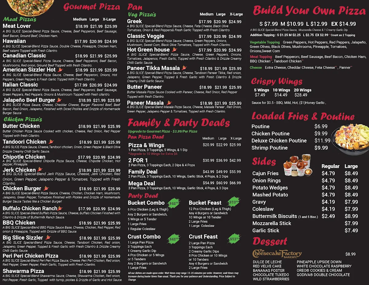 Menu, The Big Slice Pizza & Chicken