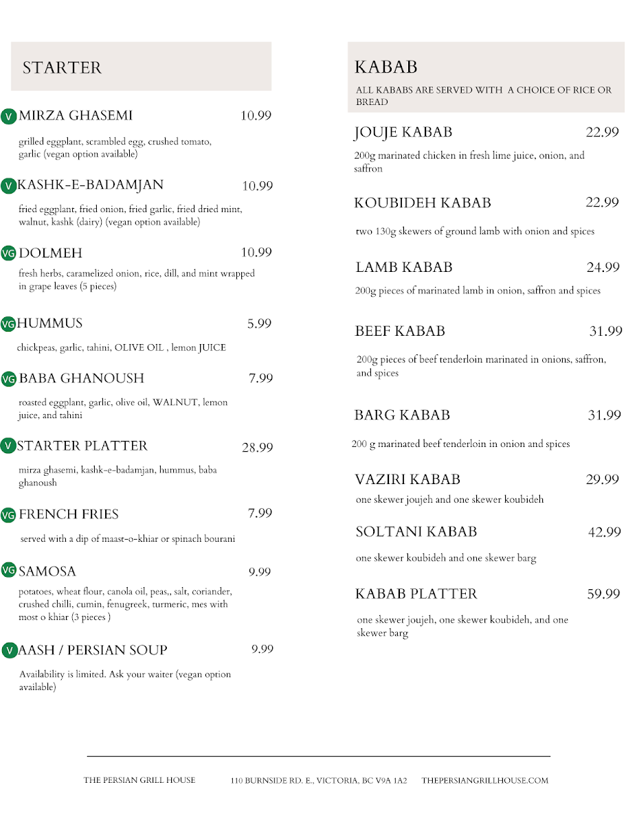 Menu, The Persian Grill House