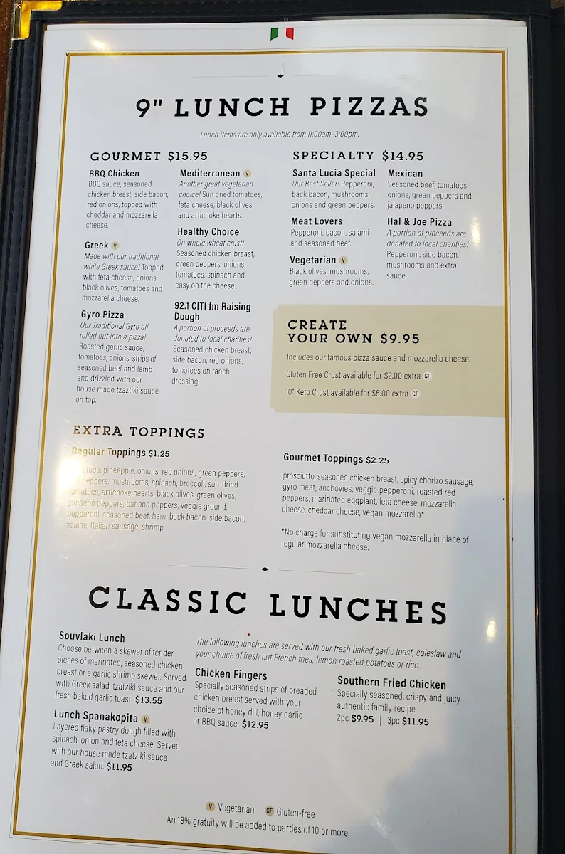 Menu, Santa Lucia Pizza
