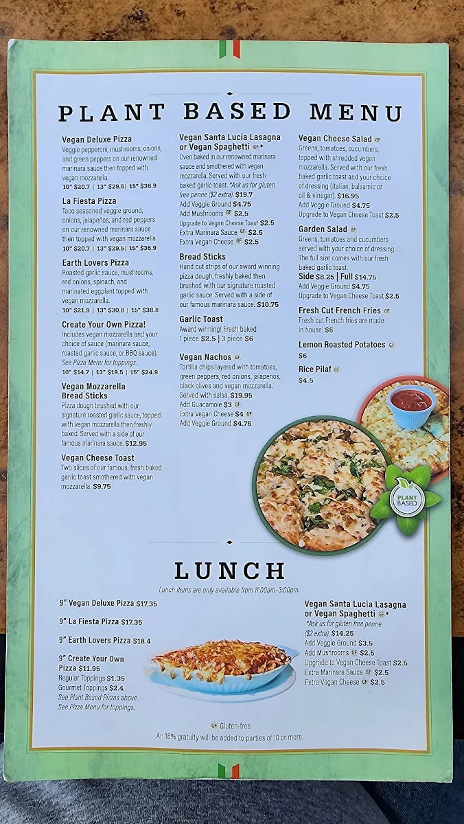 Menu, Santa Lucia Pizza
