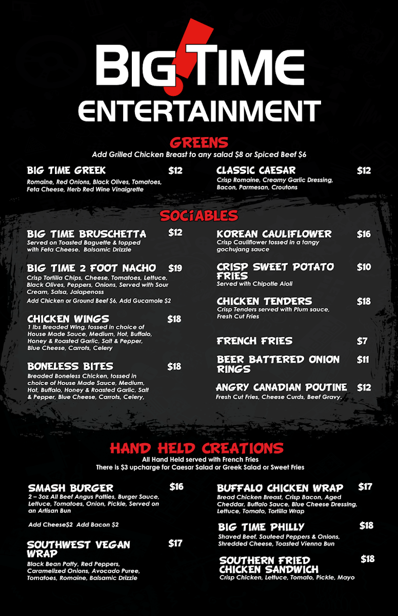 Menu, Big Time Entertainment