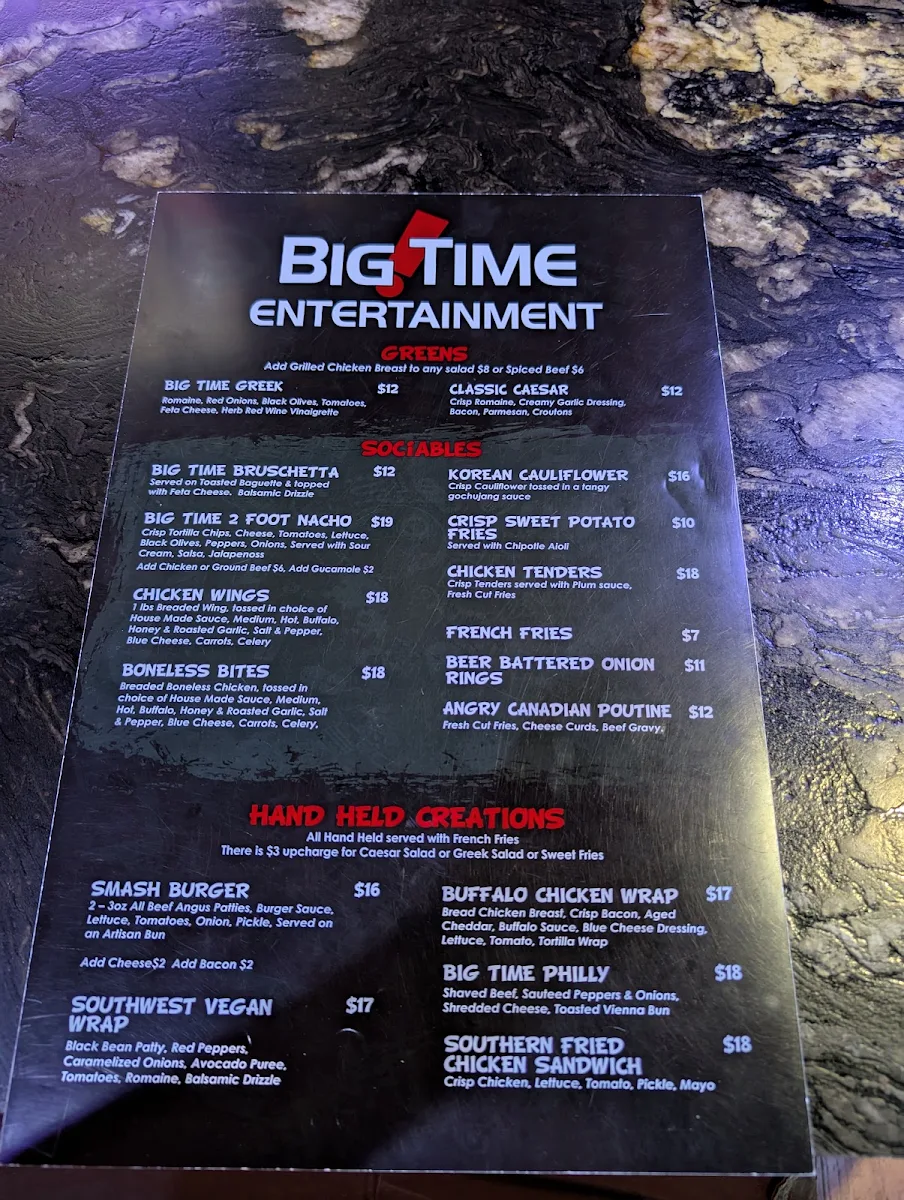 Menu, Big Time Entertainment