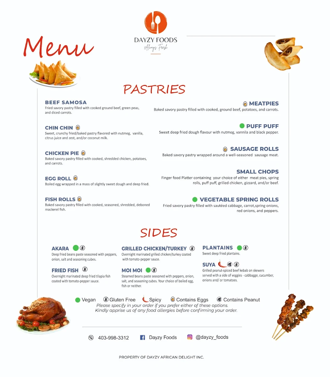 Menu, Dayzy Foods