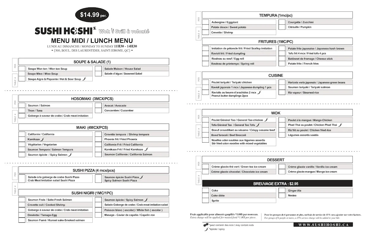 Menu, Sushi Hoshi