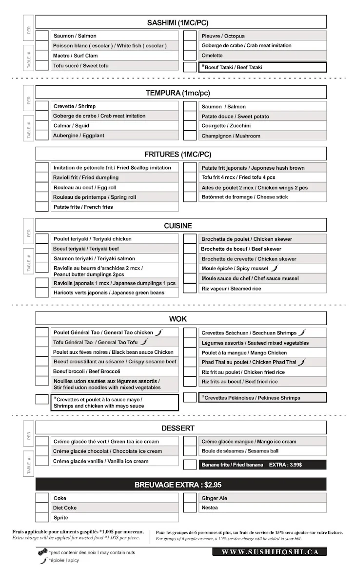 Menu, Sushi Hoshi
