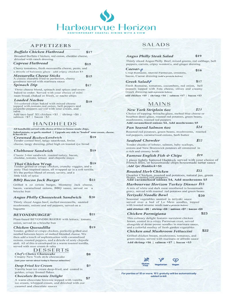 Menu, Harbourvue Horizon
