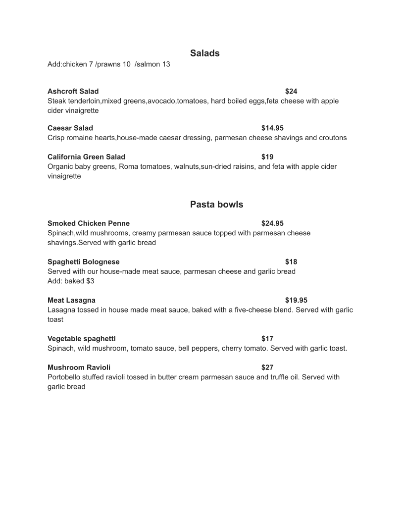 Menu, Fusions Ashcroft