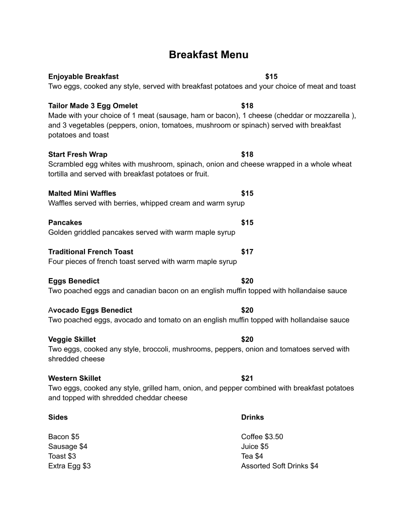 Menu, Fusions Ashcroft