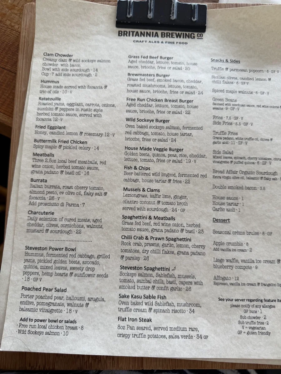 Menu, Britannia Brewing Steveston