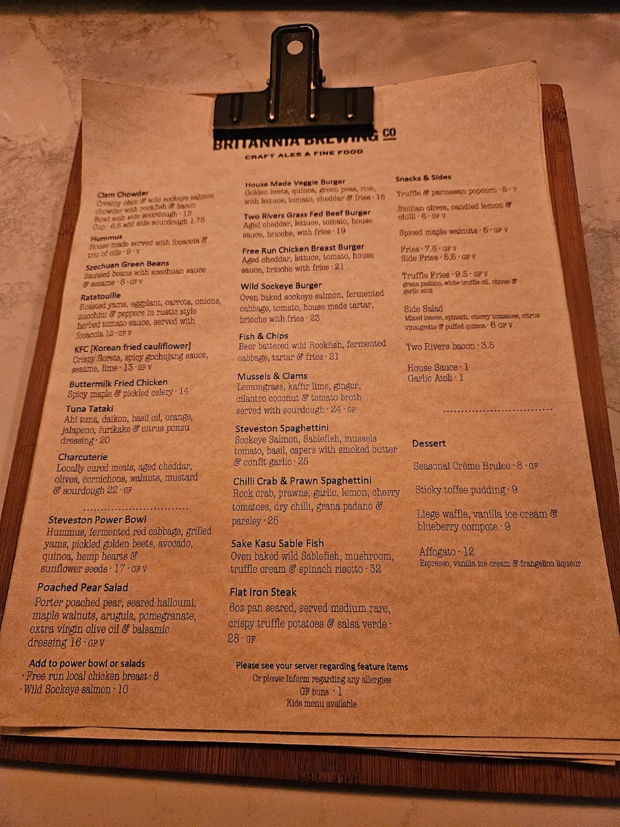 Menu, Britannia Brewing Steveston