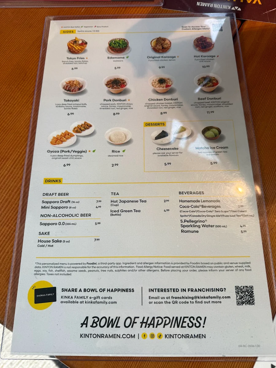 Menu, KINTON RAMEN SURREY