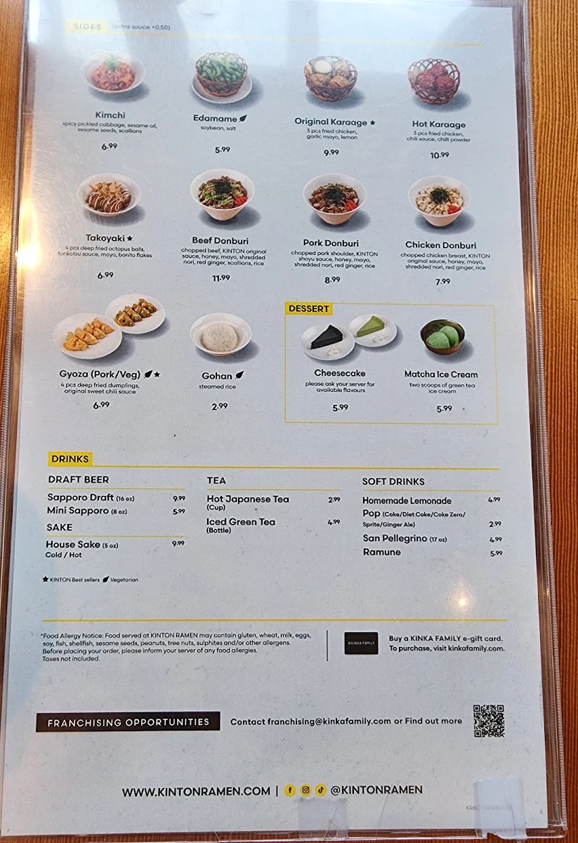 Menu, KINTON RAMEN SURREY