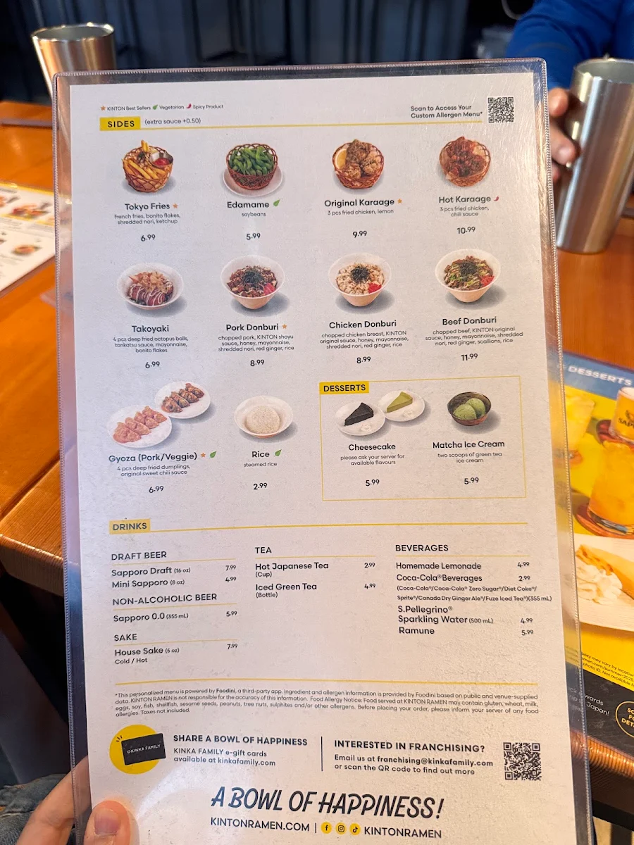 Menu, KINTON RAMEN SURREY