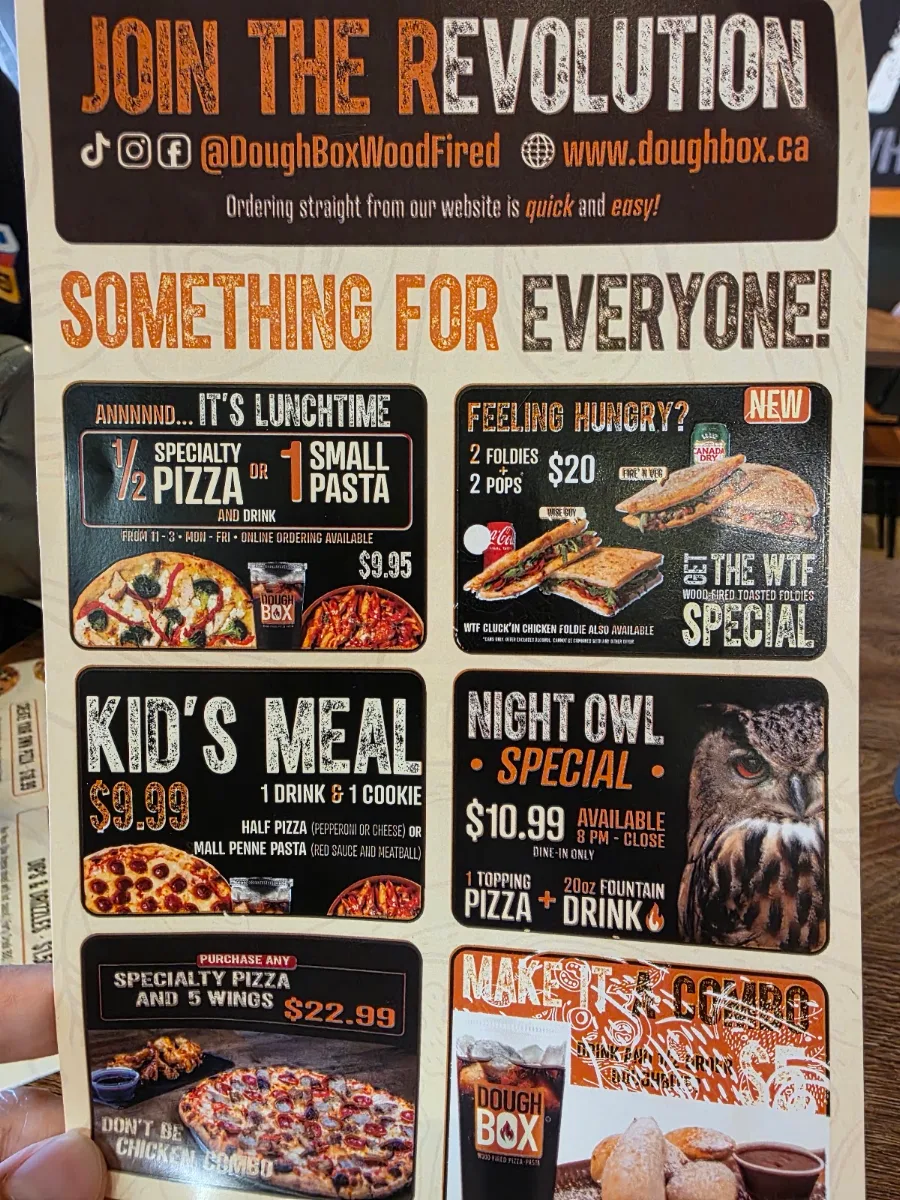 Menu, DoughBox Wood Fired Pizza & Pasta Heartland