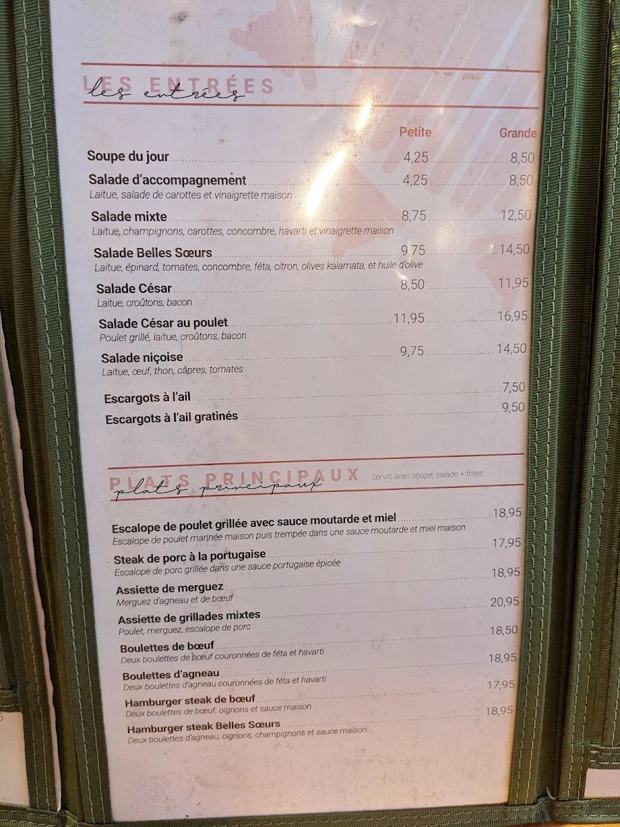 Menu, Restaurant Les Belles-Soeurs