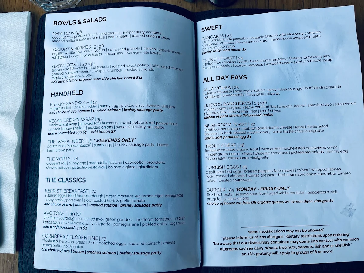 Menu, Kerr Street Cafe