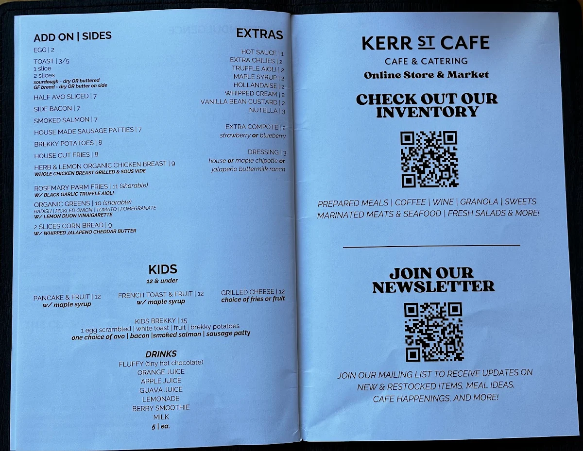 Menu, Kerr Street Cafe