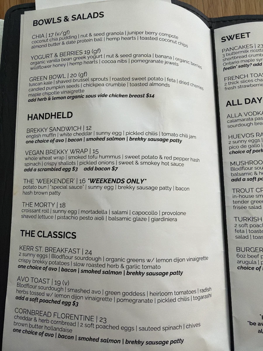 Menu, Kerr Street Cafe