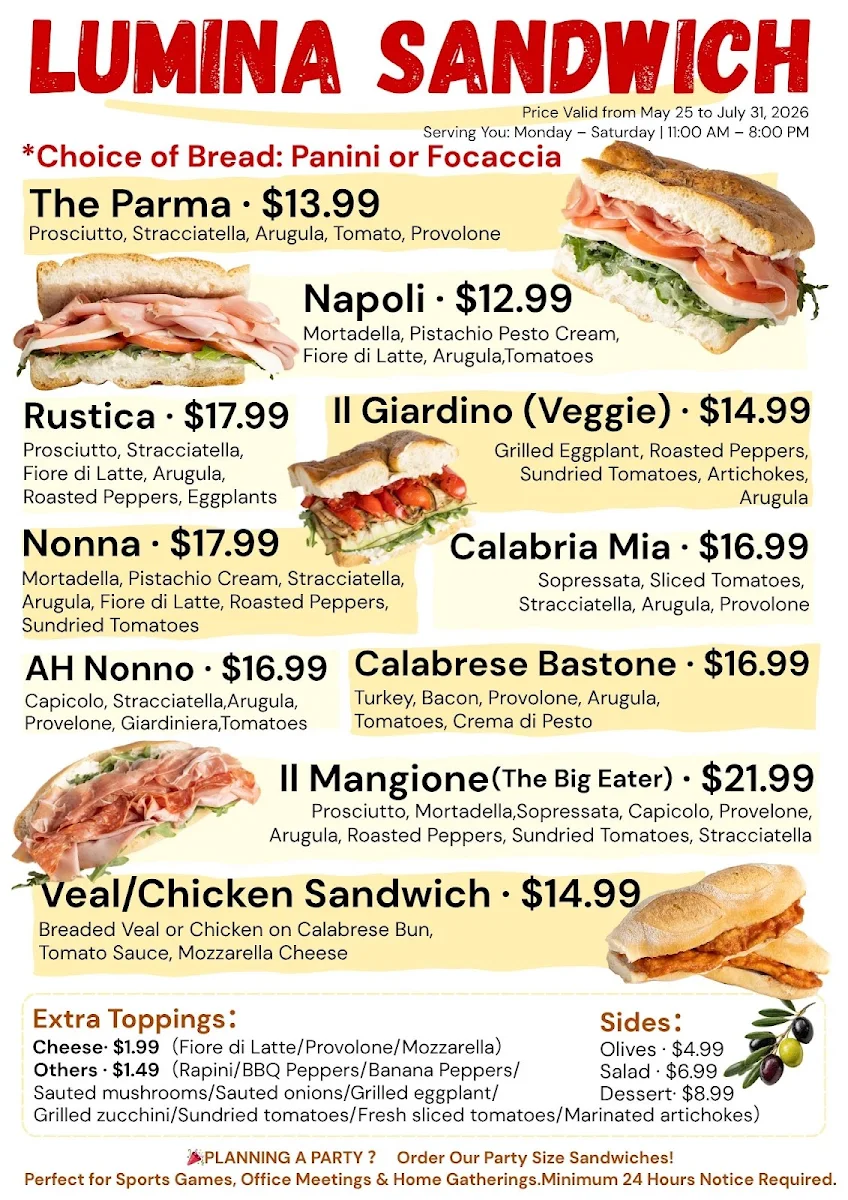 Menu, Lumina Restaurant--Italian Sandwich & Pasta