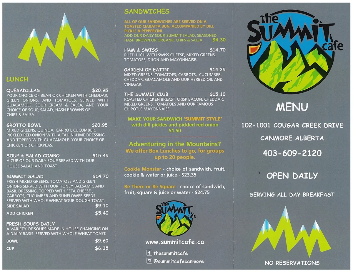 Menu, The Summit Cafe