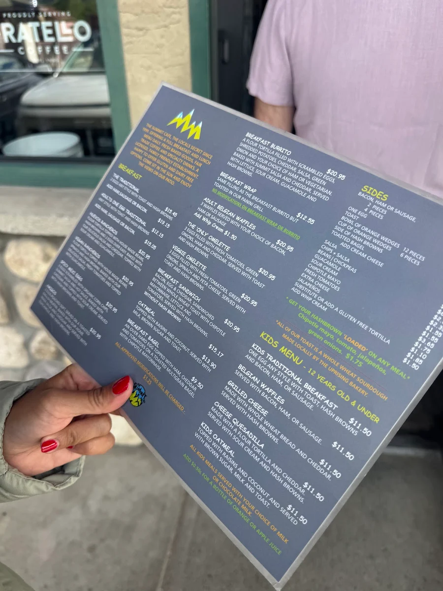 Menu, The Summit Cafe