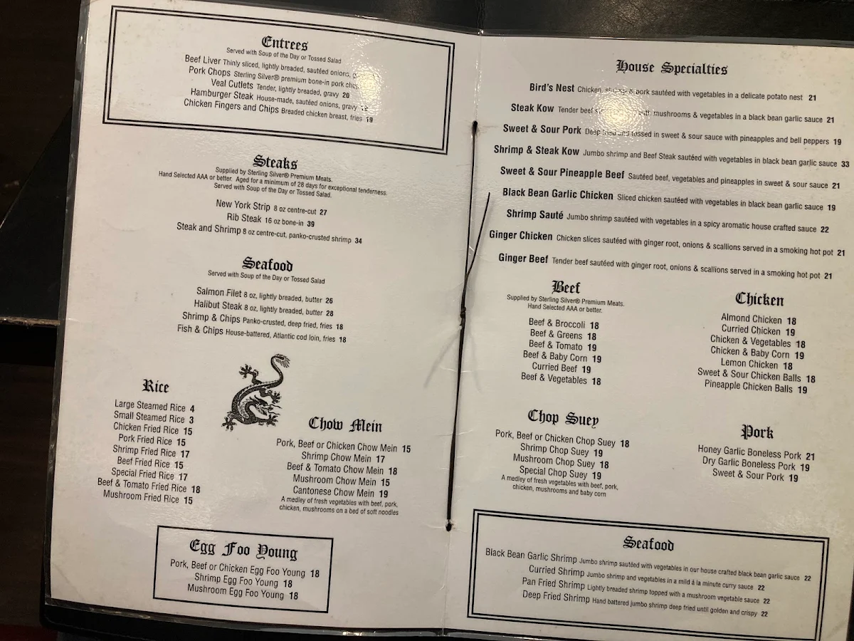 Menu, Dragon Palace Restaurant