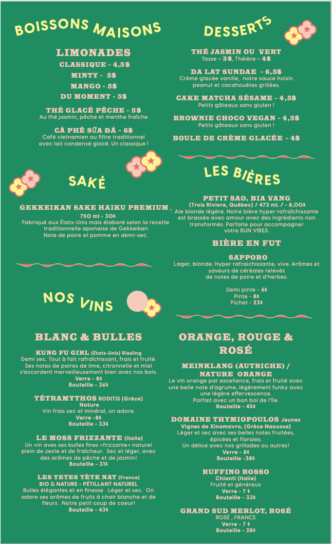 Menu, Le Petit Sao PSC (Pointe-Saint-Charles)