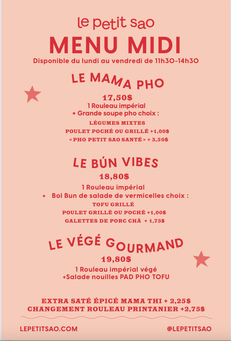 Menu, Le Petit Sao PSC (Pointe-Saint-Charles)