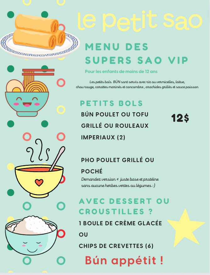 Menu, Le Petit Sao PSC (Pointe-Saint-Charles)