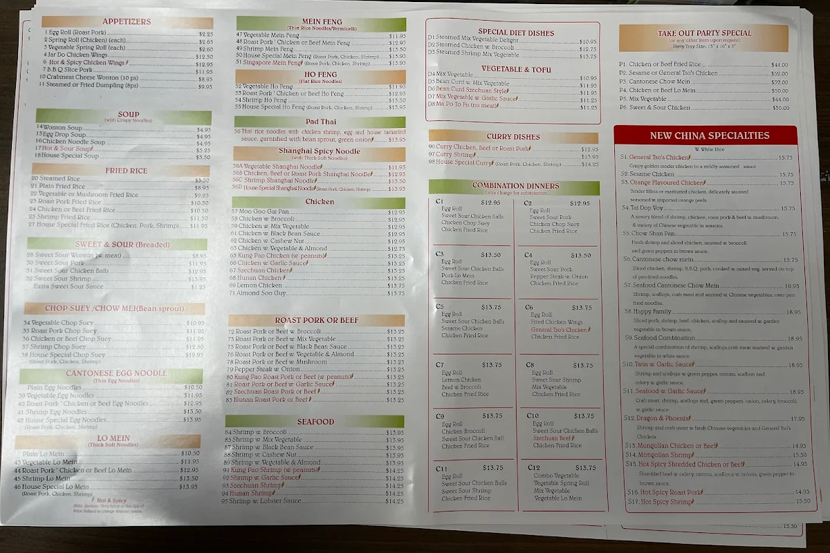 Menu, New China Kitchen