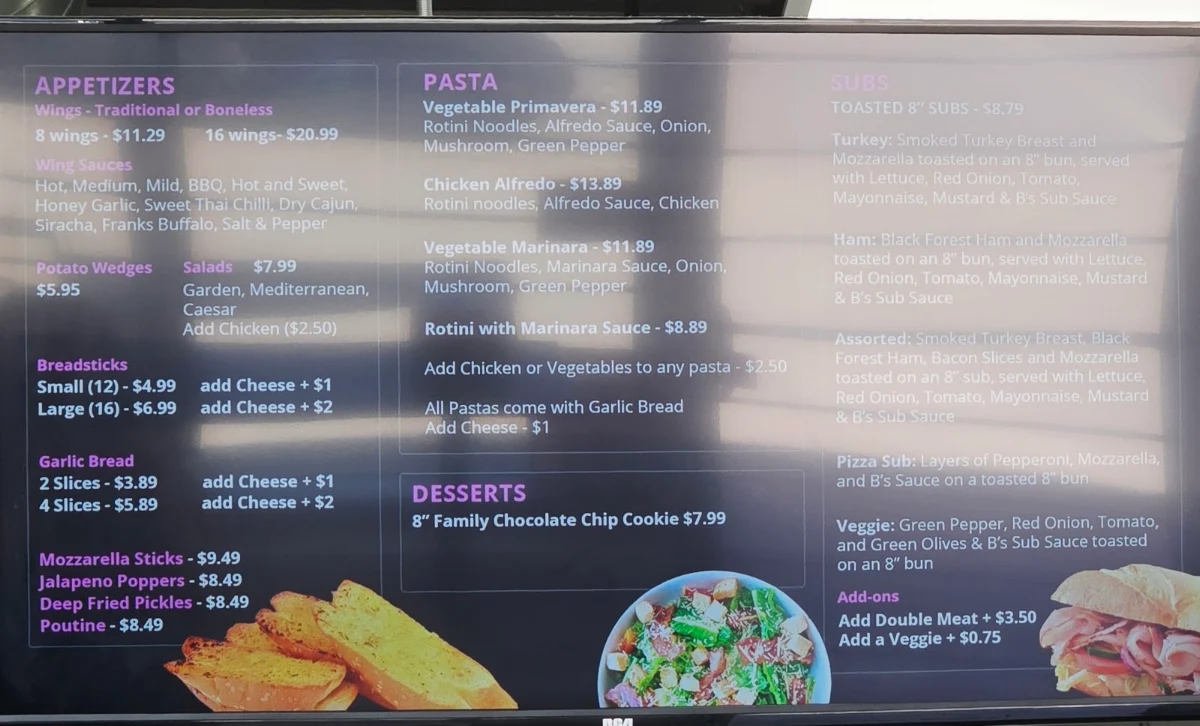 Menu, Saucy B's Pizzeria