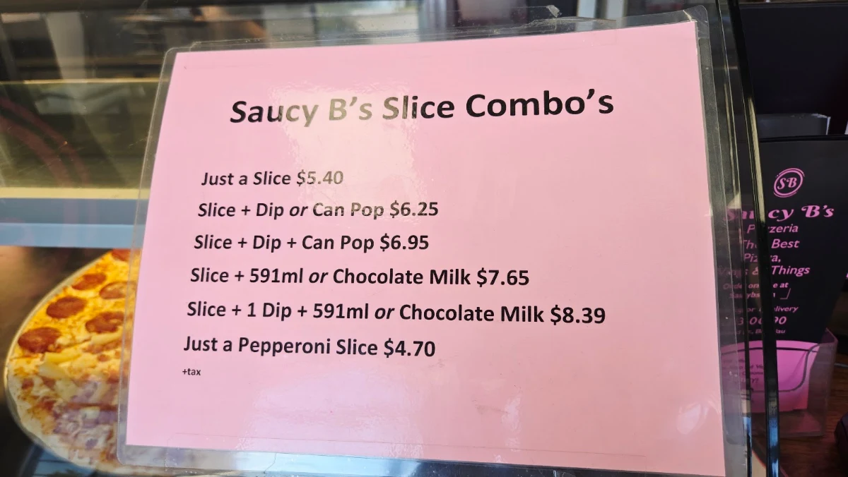 Menu, Saucy B's Pizzeria