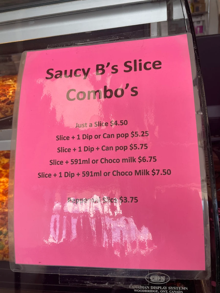 Menu, Saucy B's Pizzeria