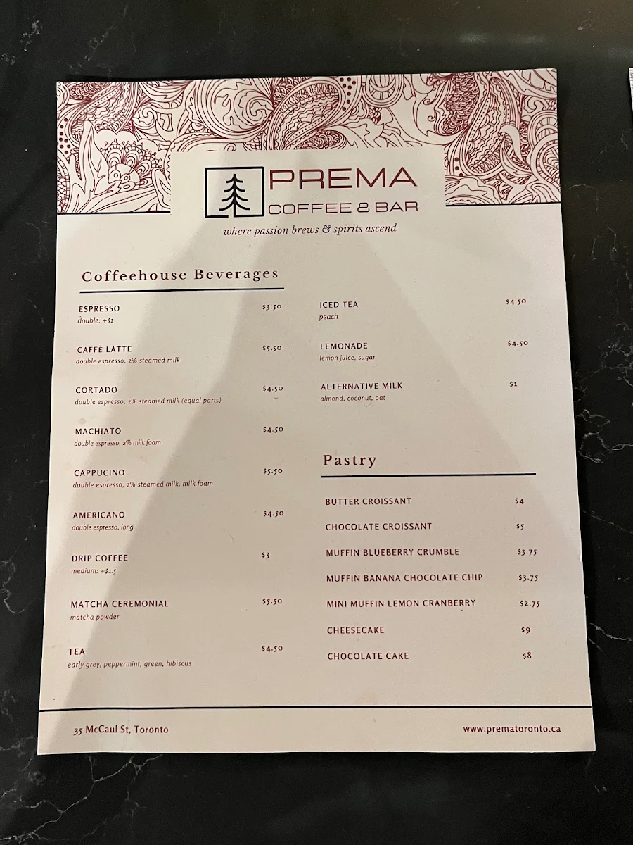 Menu, Prema Coffee and Bar