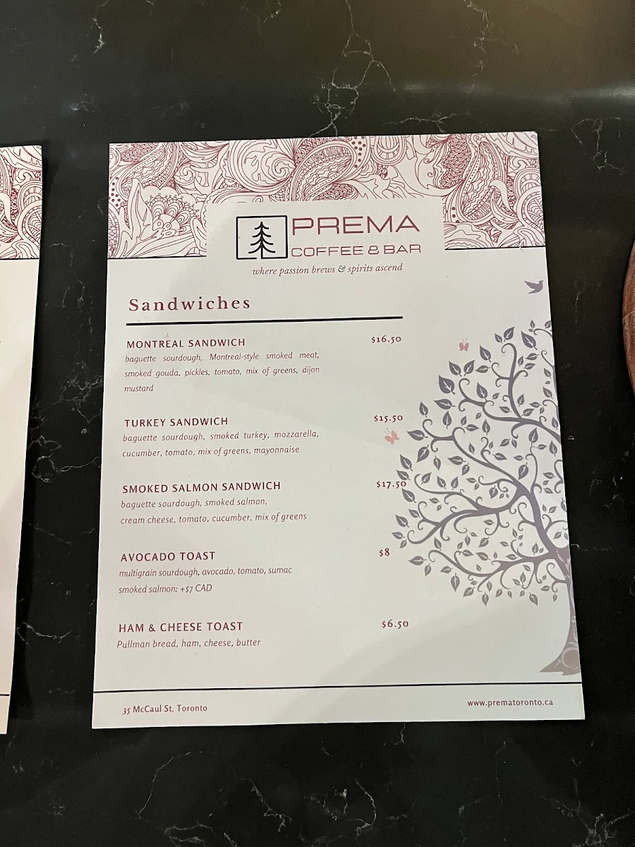 Menu, Prema Coffee and Bar